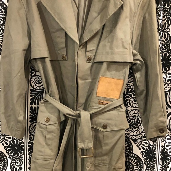TOGETHER Women’s 16 Vintage Military Style Trench Coat Fatigue Green & Leather - Picture 3 of 9